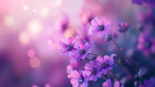 Purple Daisy Flowers Blooming in Soft Bokeh Garden.