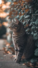 Curious Tabby Cat Contemplating Autumn Garden With Focused Gaze