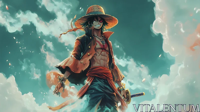 Straw hat warrior stands amid glowing storm clouds.