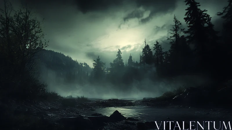 Moody foggy forest river under overcast night sky.