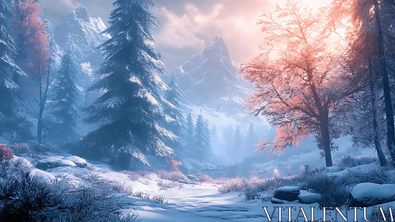 Snow-covered conifer forest with distant alpine peaks.