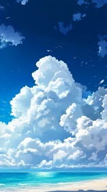 Towering cumulus clouds rise over luminous tropical shoreline