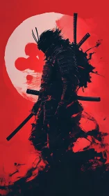 Silhouetted samurai warrior against bold red sun backdrop.