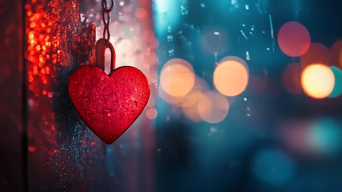 Red heart pendant hanging against blurred bokeh lighting background.