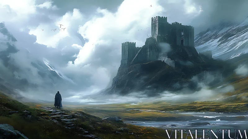 Lone traveler approaches a misty mountain fortress in awe.