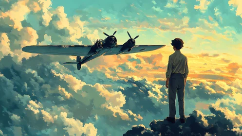 Boy observing twin‑engine aircraft above sunset cloudscape
