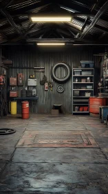 Automotive workshop interior shows worn floor and tools