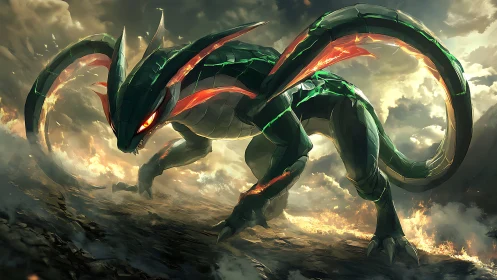 Emerald draconic titan storms volcanic wasteland at dusk.