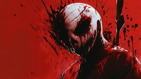 Blood-slicked masked revenant in a screaming crimson void.