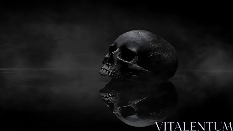 Black human skull rests on reflective surface in darkness