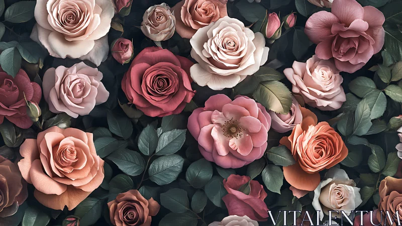 Floral arrangement with roses in earth tones and dark foliage