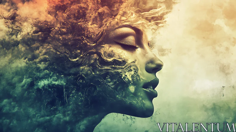 Surreal digital portrait of a woman dissolving into clouds.