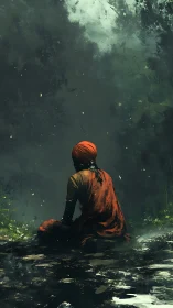 Quiet riverbank meditation in a misty green forest.