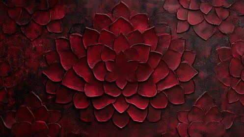 Textured crimson floral relief with layered abstract petals.