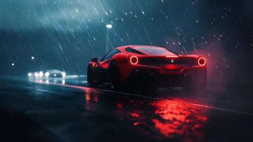 Red supercar accelerates through cinematic neon rainfall.