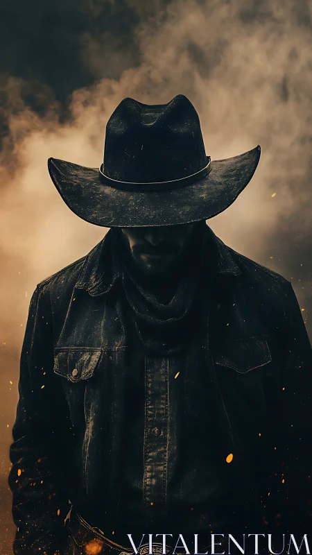 Lone cowboy silhouette in ember haze with dramatic shadows.