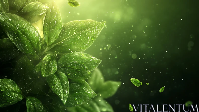 Lush green leaves with dewdrops under radiant backlight.