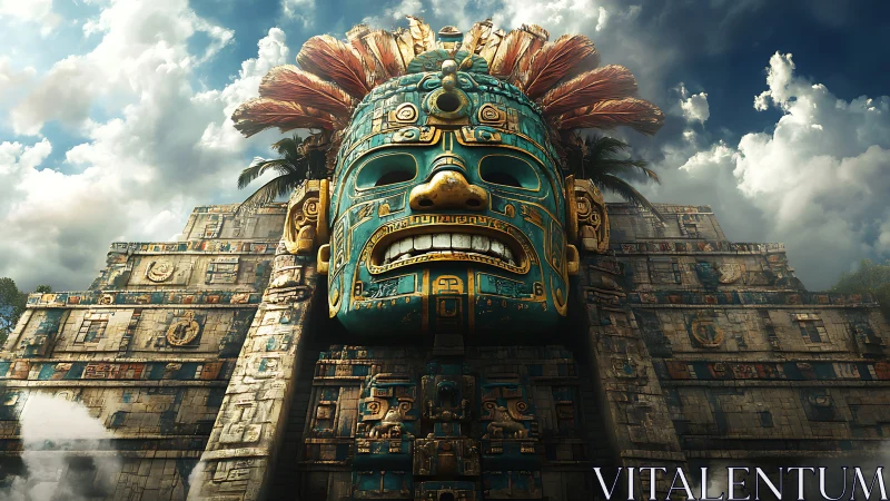 Colossal mesoamerican mask structure dominates stepped pyramid
