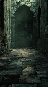 Ancient stone corridor fades into dark, mist filled archway