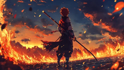 Backlit swordsman studies wildfire horizon under saturated sky