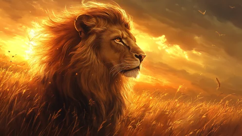 Radiant leonine profile in sunset-saturated savanna atmosphere.