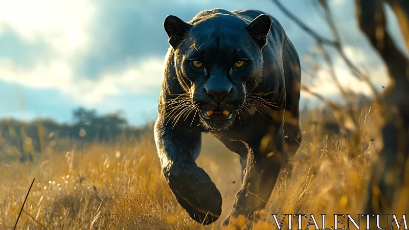 Black panther walking through grassland habitat.