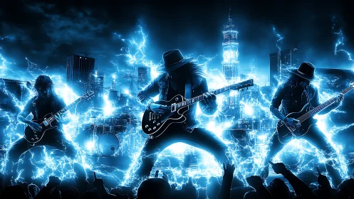 Electric rock guitarists igniting neon city skyline stage.