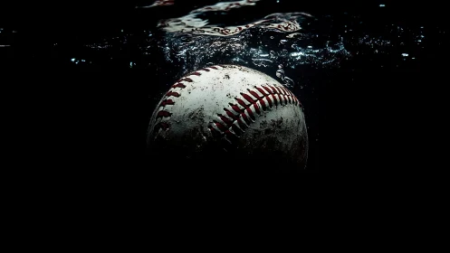 Sinking baseball drifting through dark, glimmering water.
