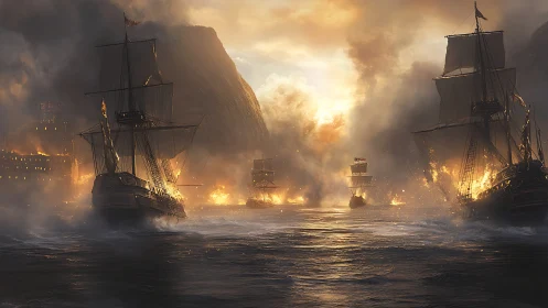 Pyrotechnic naval siege in a fog-dense mountain strait.