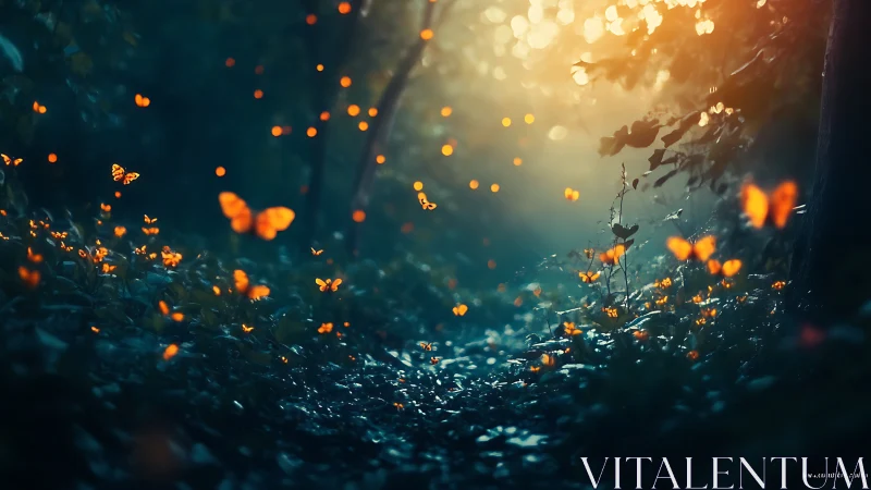 Bioluminescent butterflies drift through a misted forest path