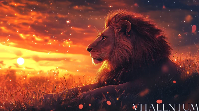 Majestic lion observes a glowing ember-filled twilight savanna