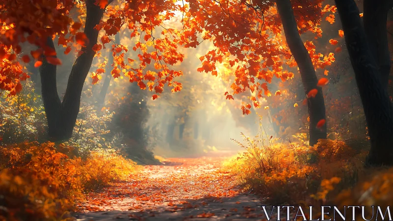 Golden Autumn Path Through Glowing Trees