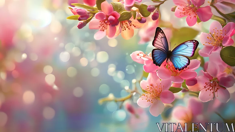 Blue butterfly rests on blooming cherry blossoms in soft light