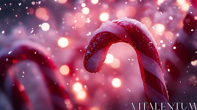 Candy cane closeup under falling snow and warm lights.