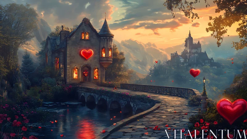 Medieval castle landscape with neon heart motifs.