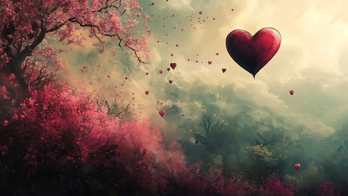 Romantic Landscape with Floating Hearts and Luminous Blossoms.