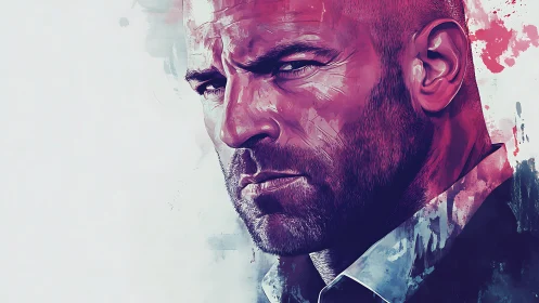 Intense male portrait in bold magenta watercolor splashes.