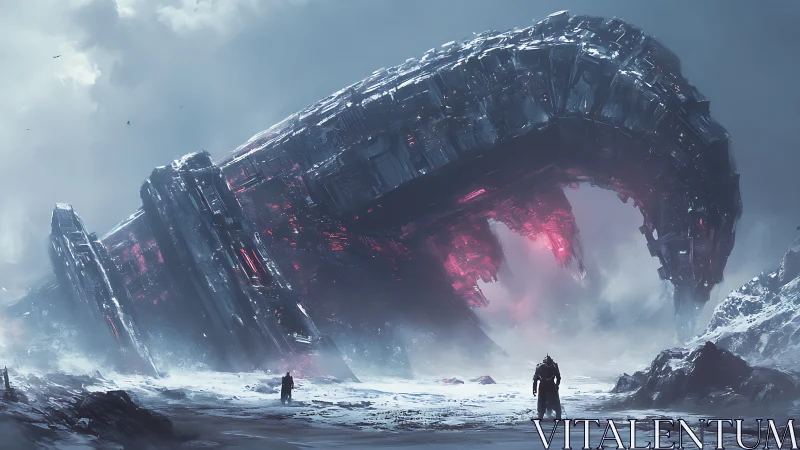 Concept art of crashed alien megastructure in frozen tundra.