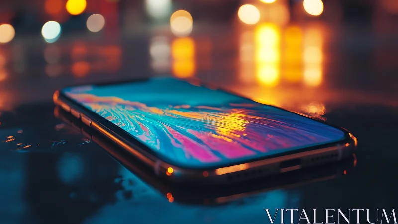 Smartphone on wet surface with vivid screen reflections.