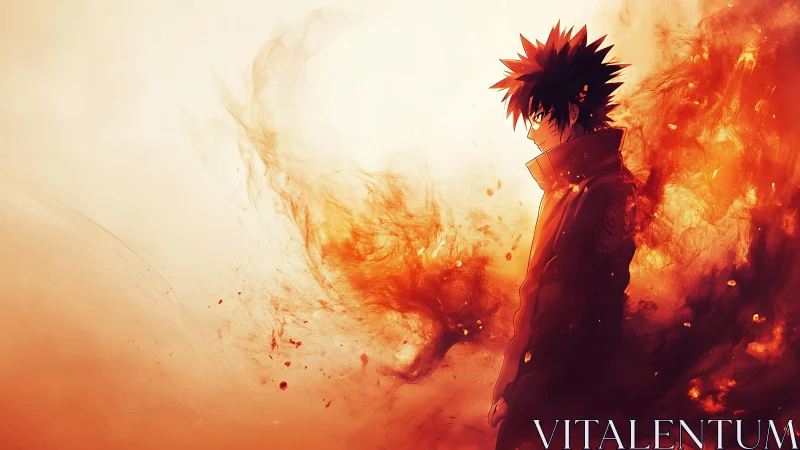 Fire-wreathed wanderer stares down the quiet, burning dusk