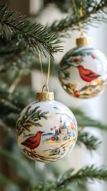 Handpainted bird ornaments glow on evergreen Christmas tree.