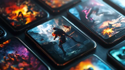 Mobile game screens display intense fantasy battle scenes.
