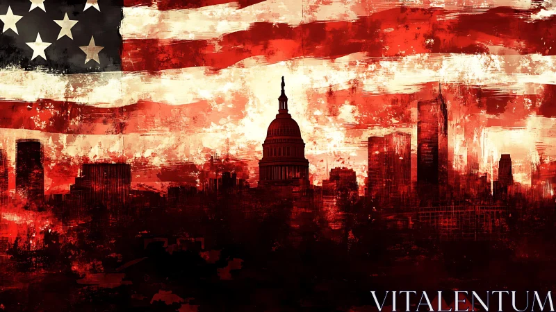Distressed US flag engulfs dramatic red city skyline silhouette