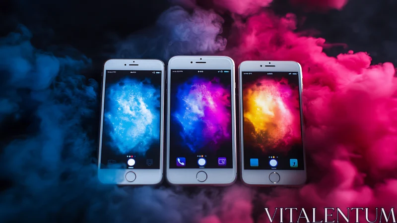 Colorful smartphones glow amid swirling neon smoke clouds