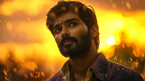 Bearded man in warm sunset light with drifting sparks.