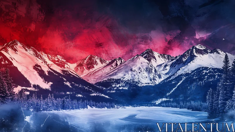 Dreamy winter mountains under a glowing crimson sky.