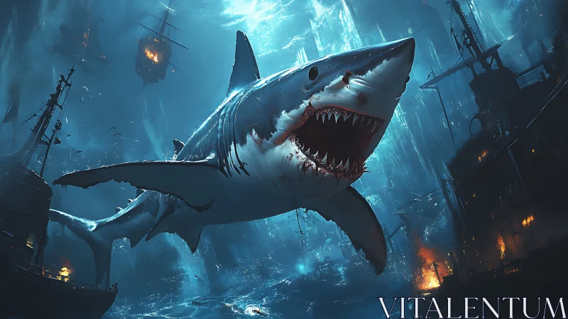 Colossal shark prowls a flaming, storm-tossed ocean graveyard.