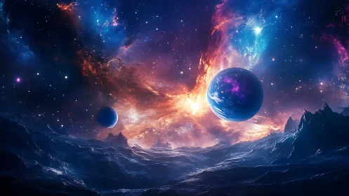 Digital nebula vistas with twin planets above alien terrain.