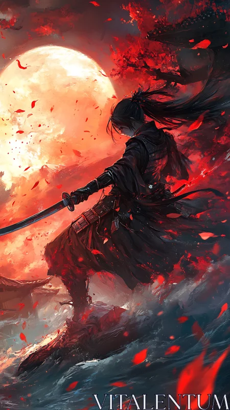 Bloodred moonlit ronin carving fire across storm tides.