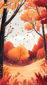 Autumn Forest Path with Falling Leaves.